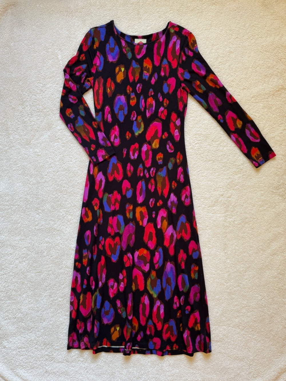 FARM Rio Black Midi Dress with Pink, Purple, Multicolored Rainbow Print